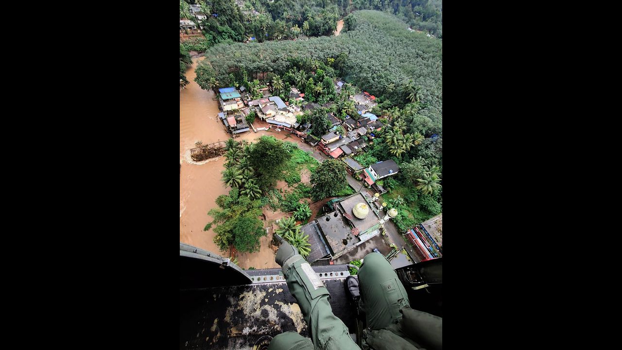 The Indian Navy's Southern Naval Command carried out relief operations in Kerala on Sunday as heavy rains resulted in dozens of casualties, leaving many stranded and in need of aid. A helicopter was launched from the Naval Air Station at INS Garuda to deploy relief materials to Kootickal in Kottayam district and to Kokkayaar in Idukki, where multiple landslides have been reported. Pic/PTI