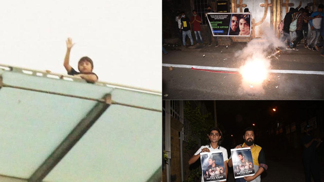 PHOTOS: As Aryan gets bail fans celebrate outside Mannat, AbRam waves at them