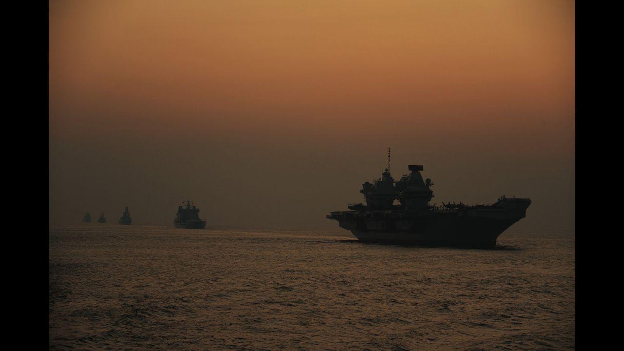 A glimpse of the maiden bilateral tri-service exercise, Konkan Shakti 2021, between the armed forces of India and UK, held off the Konkan coast. Pic/PTI