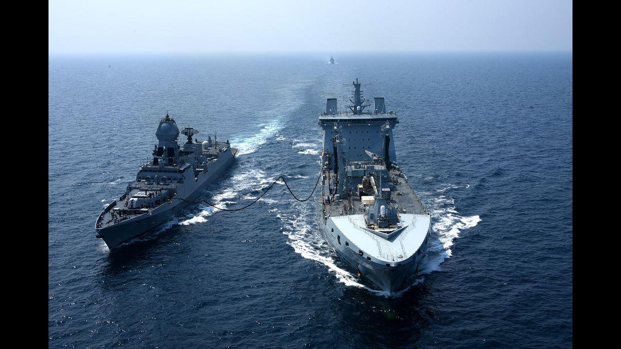 The two forces integrated within their groups with exercises such as replenishment at sea approaches, air direction and strike operations by fighter aircraft (MiG 29Ks and F35Bs), cross control of helicopters (Sea King, Chetak and Wildcat), transiting through war-at-sea scenarios and gun shoots on expendable air targets. Pic/PTI