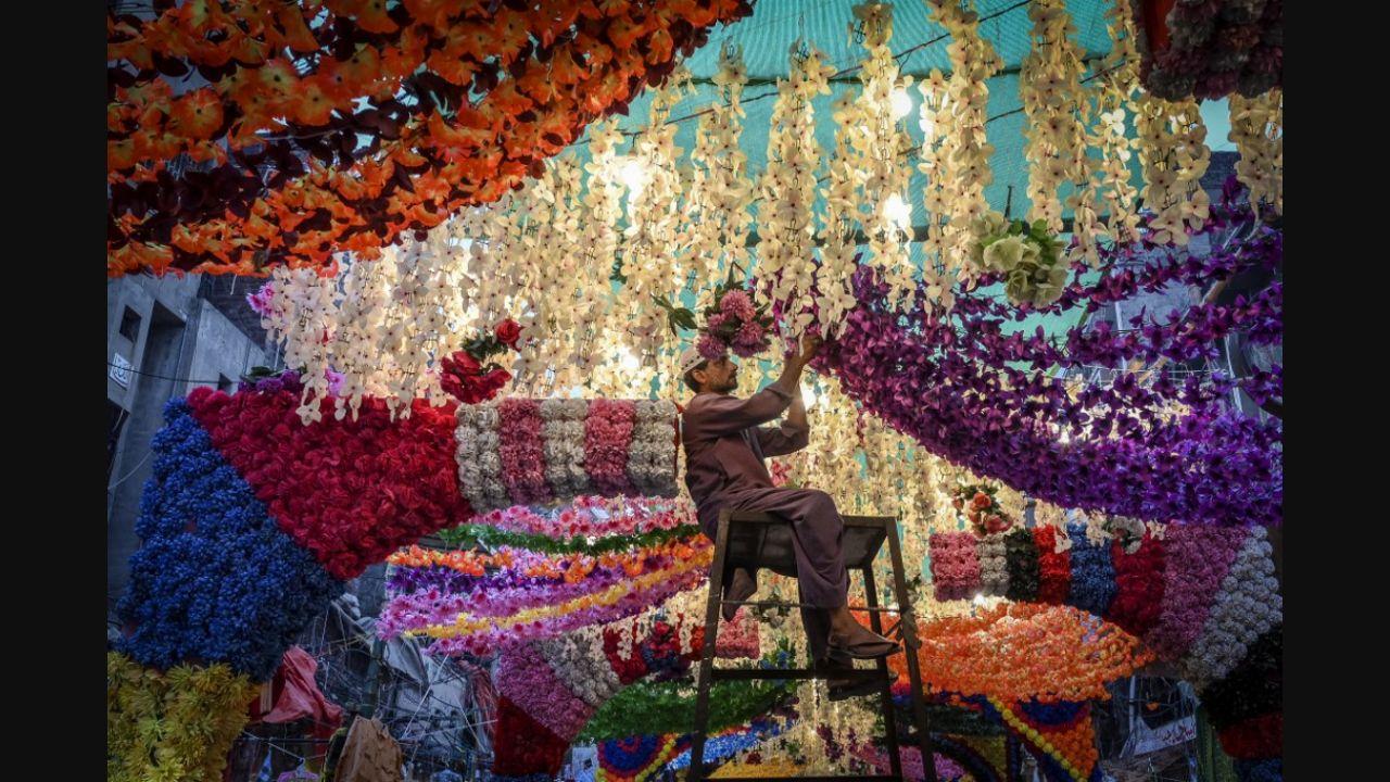 Eid Milad-Un-Nabi is a public holiday, and celebrated widely in Pakistan. The country witnesses congregations, rallies and processions in every major city. In this photo, a man installs floral decoration at a market place in Lahore on October 17, 2021 ahead of the celebrations for Eid-e-Milad-un-Nabi. Pic/AFP