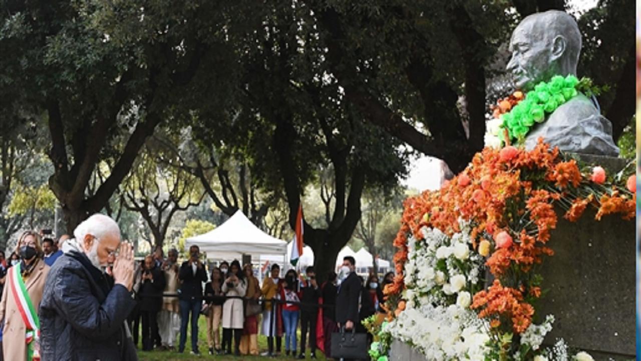 PM Modi pays floral tribute to Mahatma Gandhi at Piazza Gandhi in Rome