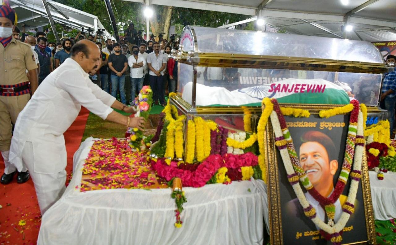 Puneeth Rajkumar's mother Parvathamma is also laid to rest in the same premises. The decision was taken as per the wishes of his family. Civic agency of Bengaluru and the Police department have been asked to make necessary arrangements. The mortal remains of Puneeth Rajkumar were  kept for public view at Kanteerava Stadium till Saturday evening.