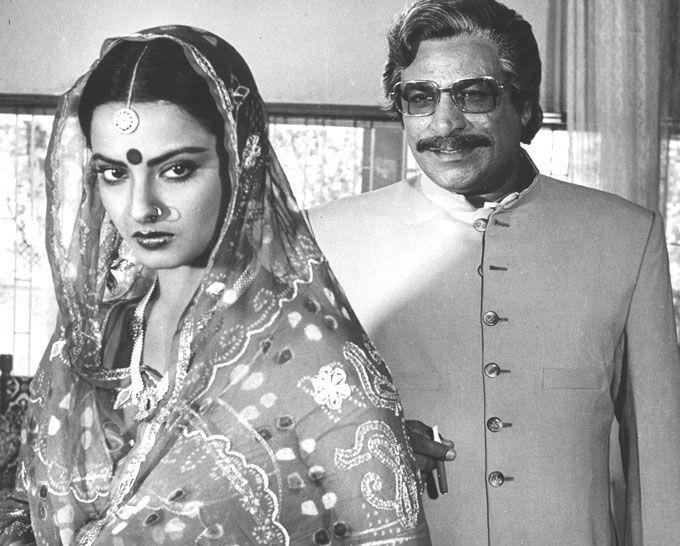 In 'Anjana Safar' which was shot in 1969, Rekha starred with Biswajit as the lead. The actress claimed that she was tricked into doing a kissing scene in the film. Anjana Safar ran into censorship trouble and only released in 1979 after it was renamed 'Do Shikaari'. In picture: Rekha with Kader Khan in a still from a film.