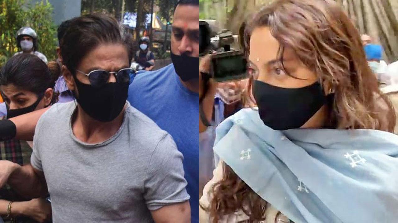 On October 29, Shah Rukh Khan left in a small motorcade along with aides and security personnel to pick up son Aryan from the Arthur Road jail while SRK's close friend Juhi Chawla reached NDPS court and signed a bond for Rs 1 lakh for Aryan's bail. Pic/Yogen Shah