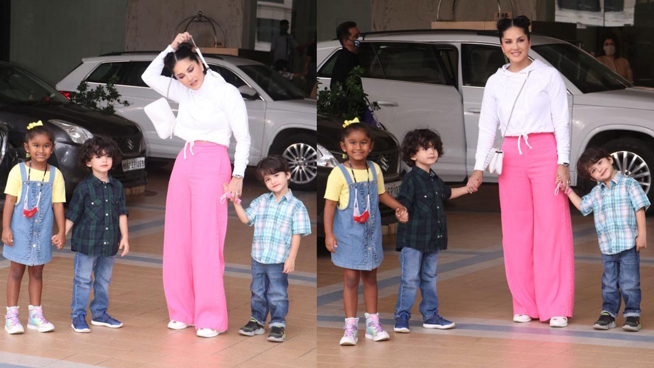 PHOTOS: Sunny Leone and kids make a stylish appearance at a plush hotel