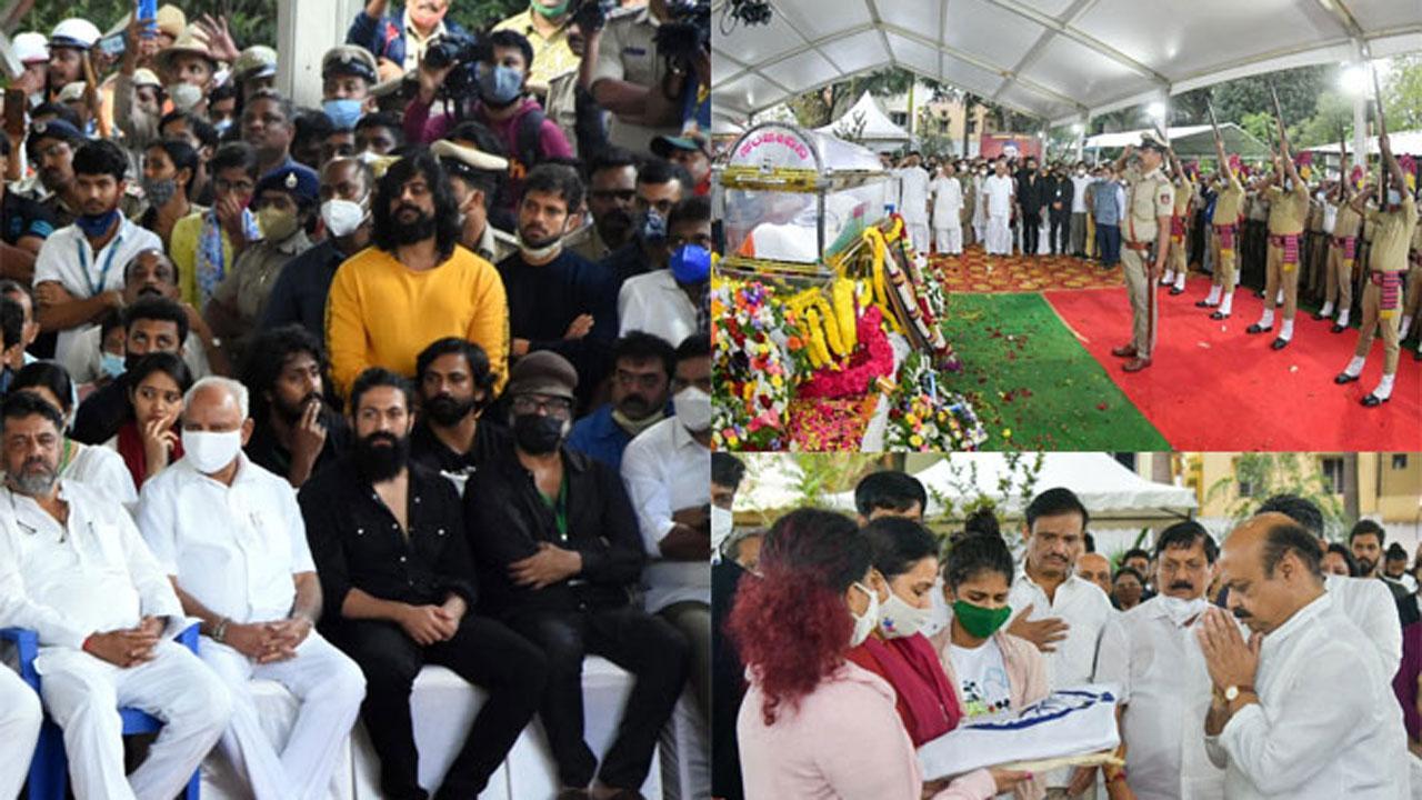 Puneeth Rajkumar cremated with state honours, Chiranjeevi, Yash pay respects
