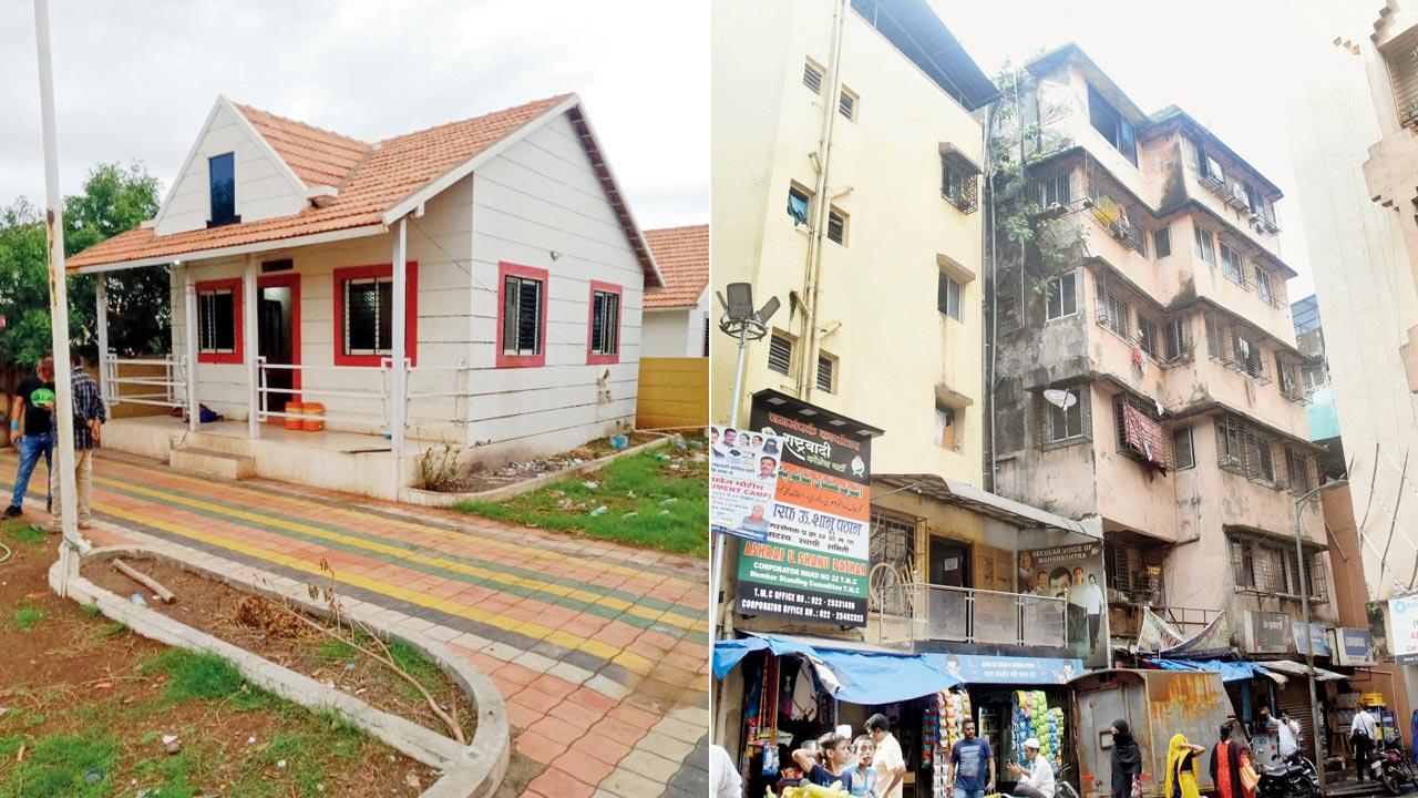 Shaikh’s spacious bungalows in Malegaon; (right) Dhanshree Apartments in Mumbra, where Rubina owns a flat. Pic/Sameer Markande