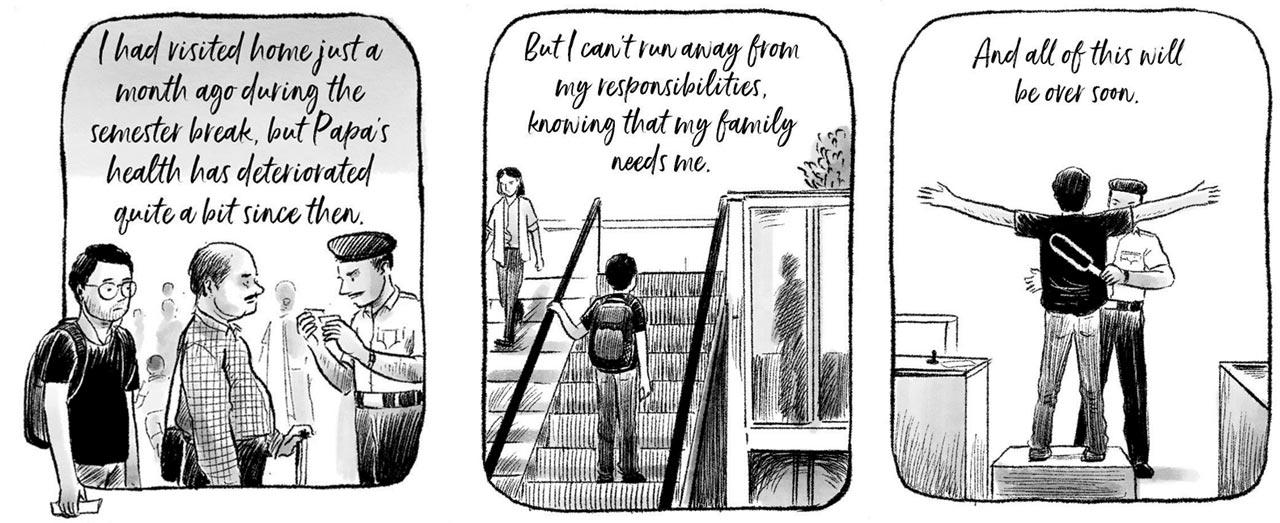 In June 2009, Kumar visited Bihar to see his father, who needed a liver transplant. The procedure didn’t go through and his father died of pneumonia soon after. This graphic panel depicts Kumar’s journey from Bengaluru to his home after his mother called with the bad news