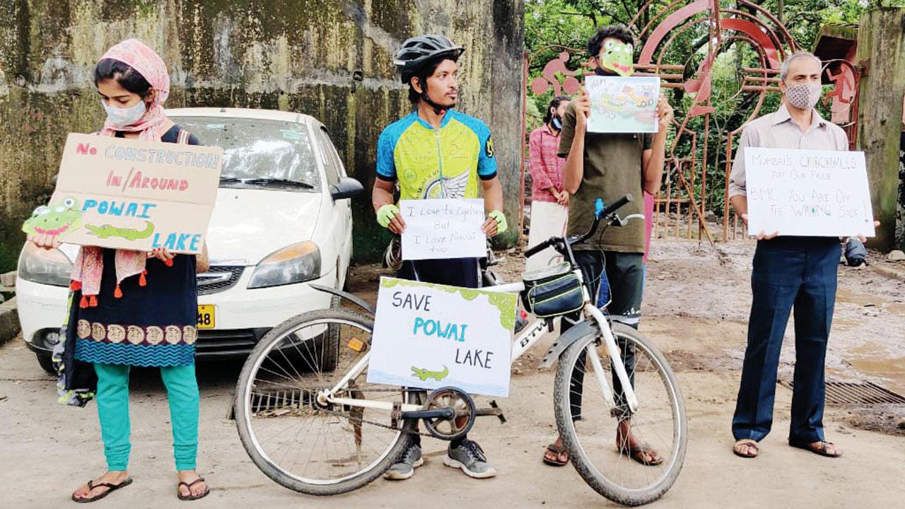 The protest being staged at Powai Lake on Monday