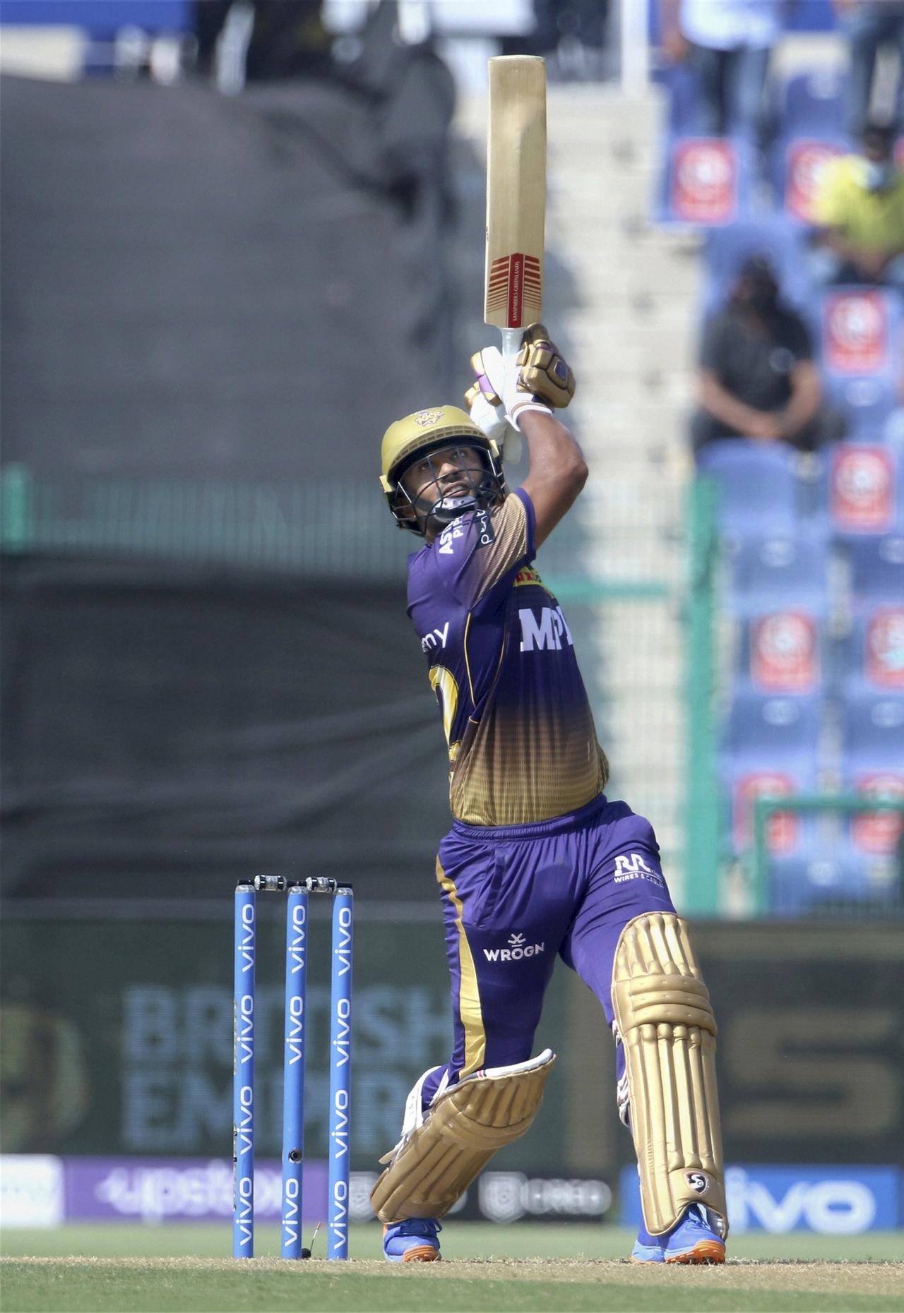 Rahul Tripathi of Kolkata Knight Riders plays a shot during match 38 of the Indian Premier League between the Chennai Super Kings and the Kolkata Knight Riders. Despite Tripathi's brilliant 45 runs, CSK went home with a win courtesy Ravindra Jadeja's 22 off 8 balls. Pic/ PTI