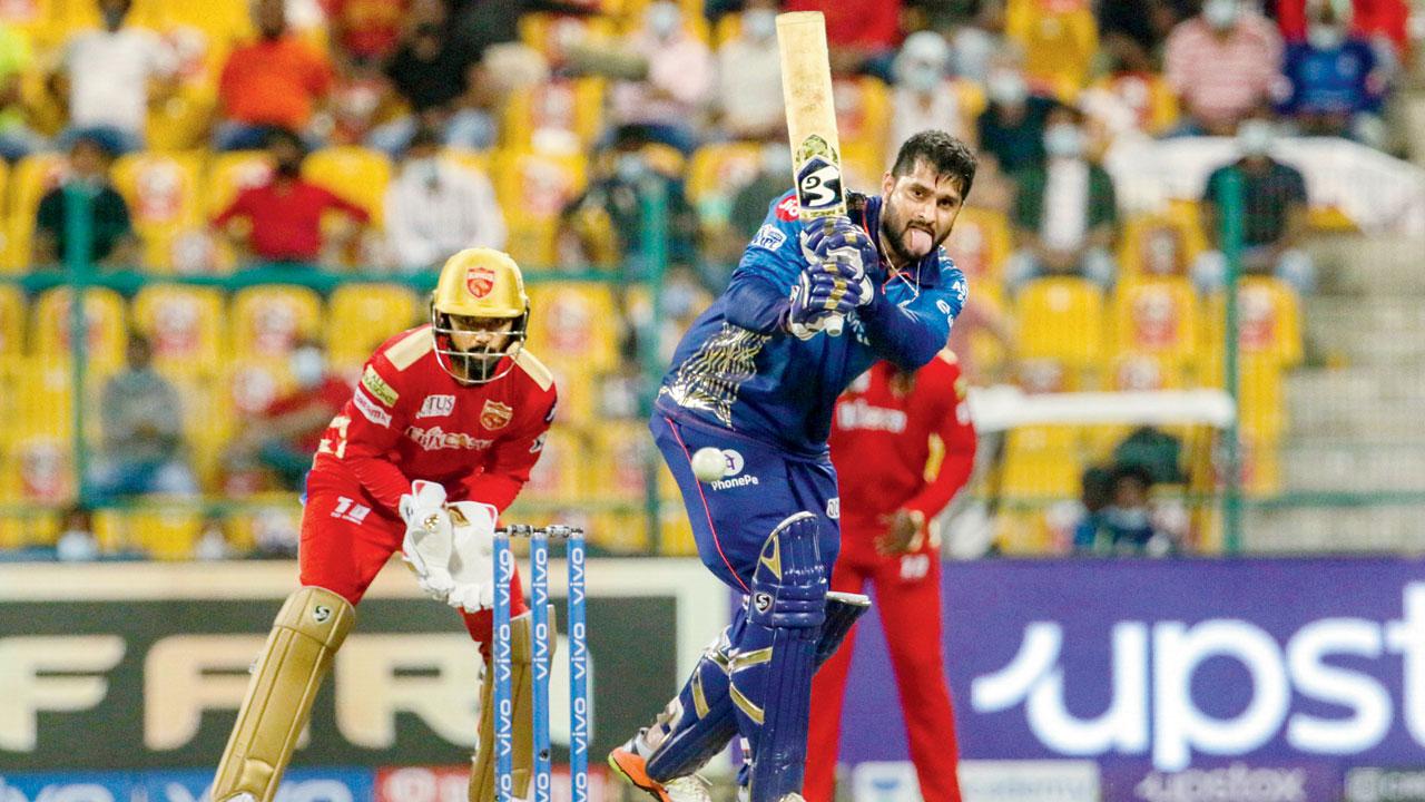 MI’s Saurabh Tiwary during his top score of 45 against Punjab Kings in Abu Dhabi yesterday