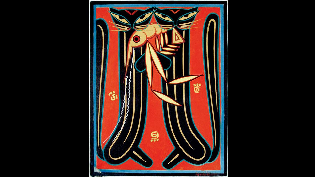 Two Cats Holding A Large Prawn by Jamini Roy. Pics Courtesy/Rahul Kanojia