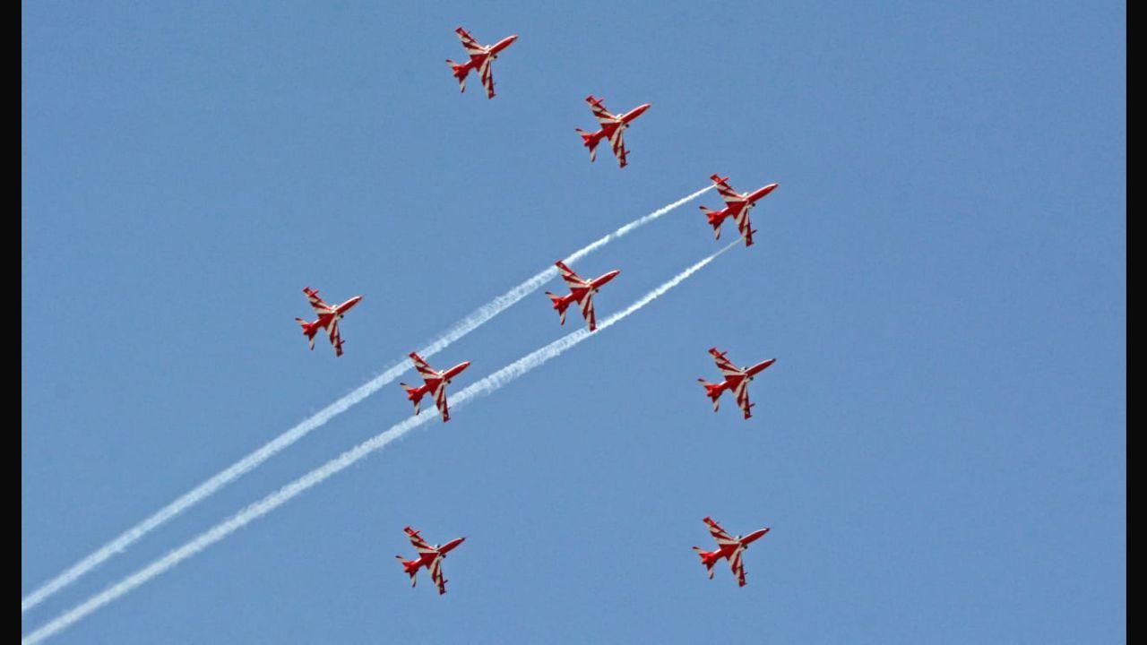 Suryakiran Aerobatic Display team performing synchronised aerobatic maneuvers