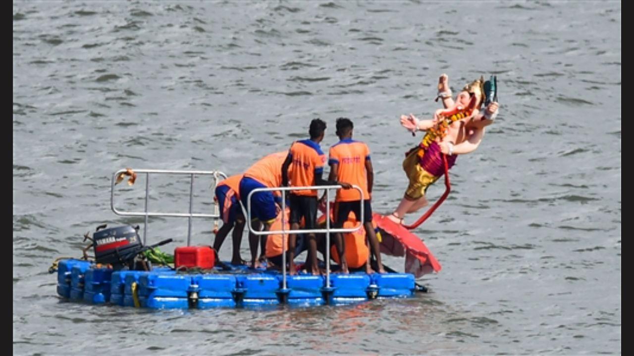 There were 73 locations of immersion at natural water bodies in the city civic limits and at all these places necessary arrangements were made by the BMC. Pic/PTI