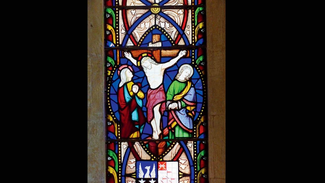 Afghan Church’s Barr Memorial Window Crucifixion with original paintwork (soft and in the Revivalist style) with the Barr Coat-of-Arms (below)