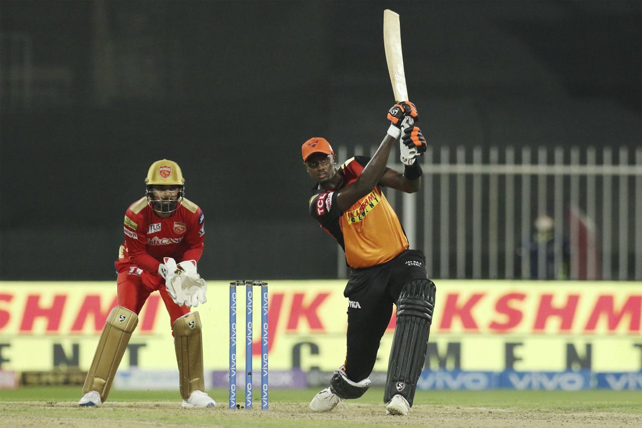 Jason Holder of Sunrisers Hyderabad bats during match 37 of the Indian Premier League between the Sunrisers Hyderabad and Punjab Kings. Holder scored an unbeaten 47 off 29 balls and was adjudged man-of-the-match despite SRH's loss. Pic/ PTI