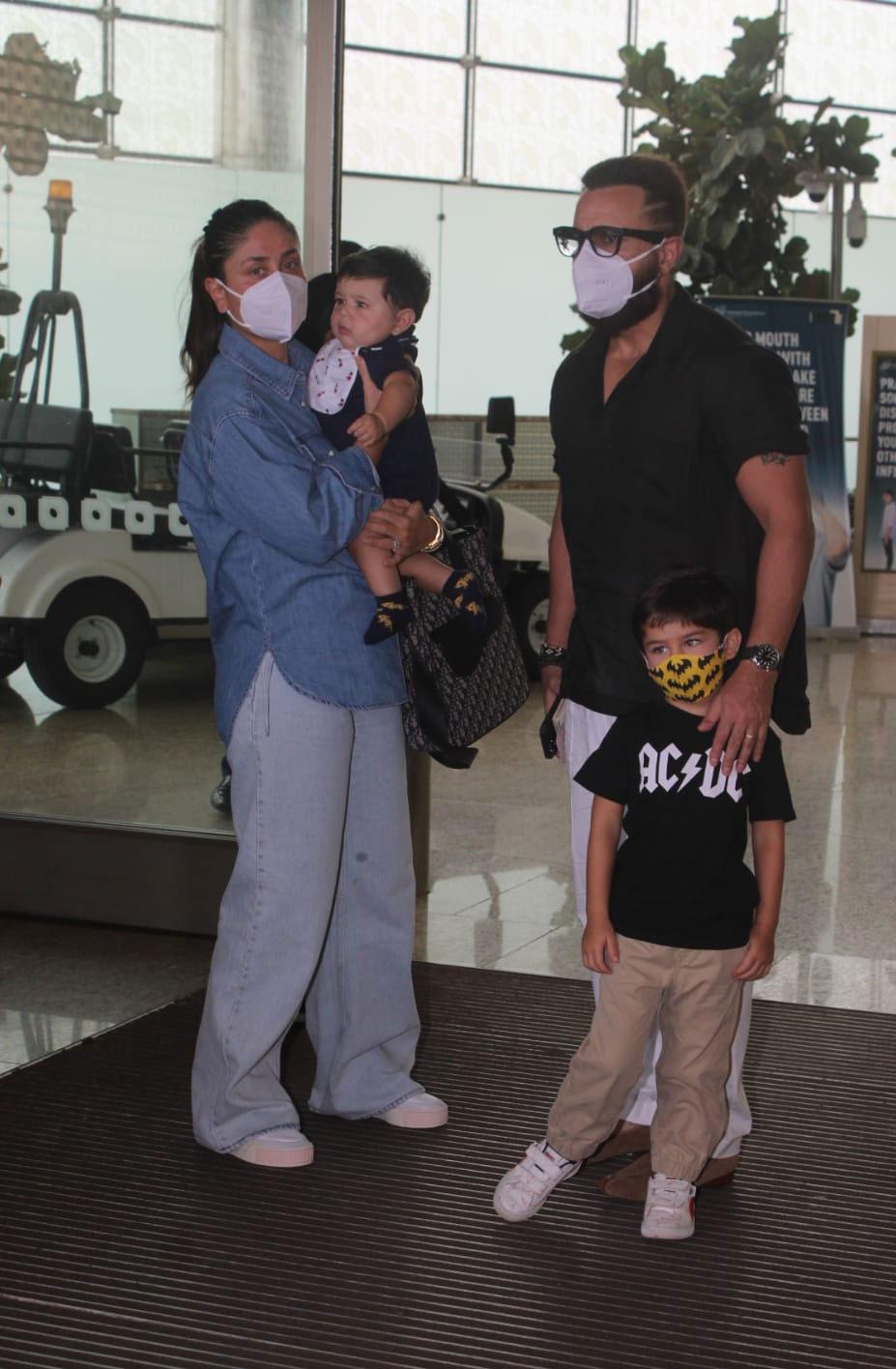 Saif Ali Khan, Kareena Kapoor Khan, Taimur Ali Khan, Jehangir Ali Khan were all spotted together at the airport. Kareena shone in her outfit and Jehangir, the new munchkin on the block was looking as cute as a button. Tim Tim's naughty expressions continue to entertain.