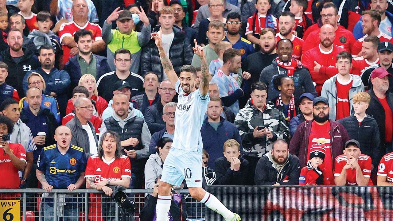 Manuel Lanzini of West Ham is elated after scoring against Man United. Pics/Getty Images