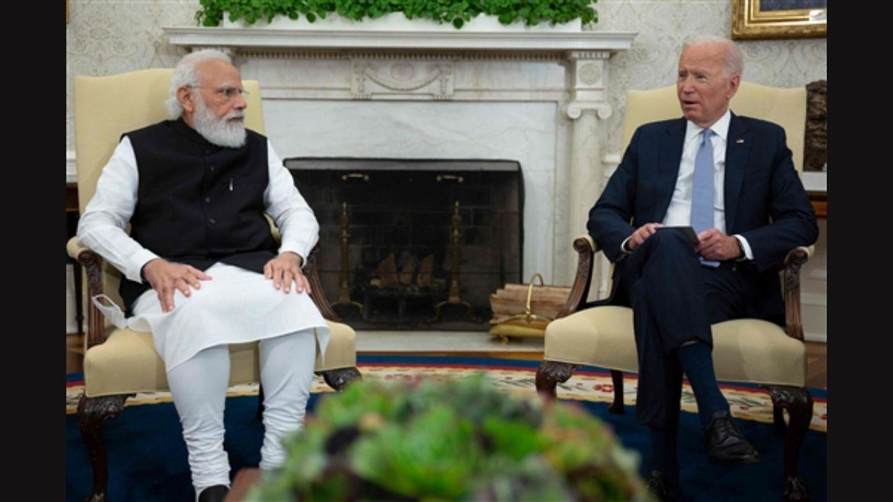 PM Narendra Modi with US President Joe Biden at the White House for their first meeting.