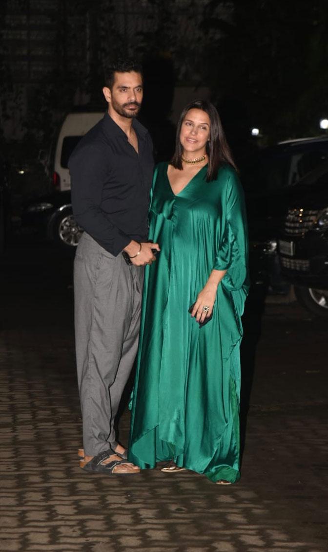 Neha Dhupia and Angad Bedi also arrived at Aayush Sharma's residence for Ganpati Darshan. Dhupia aced her gown whereas Bedi opted for a semi-casual yet stylish appearance. Dhupia and Bedi are expecting their second child. 