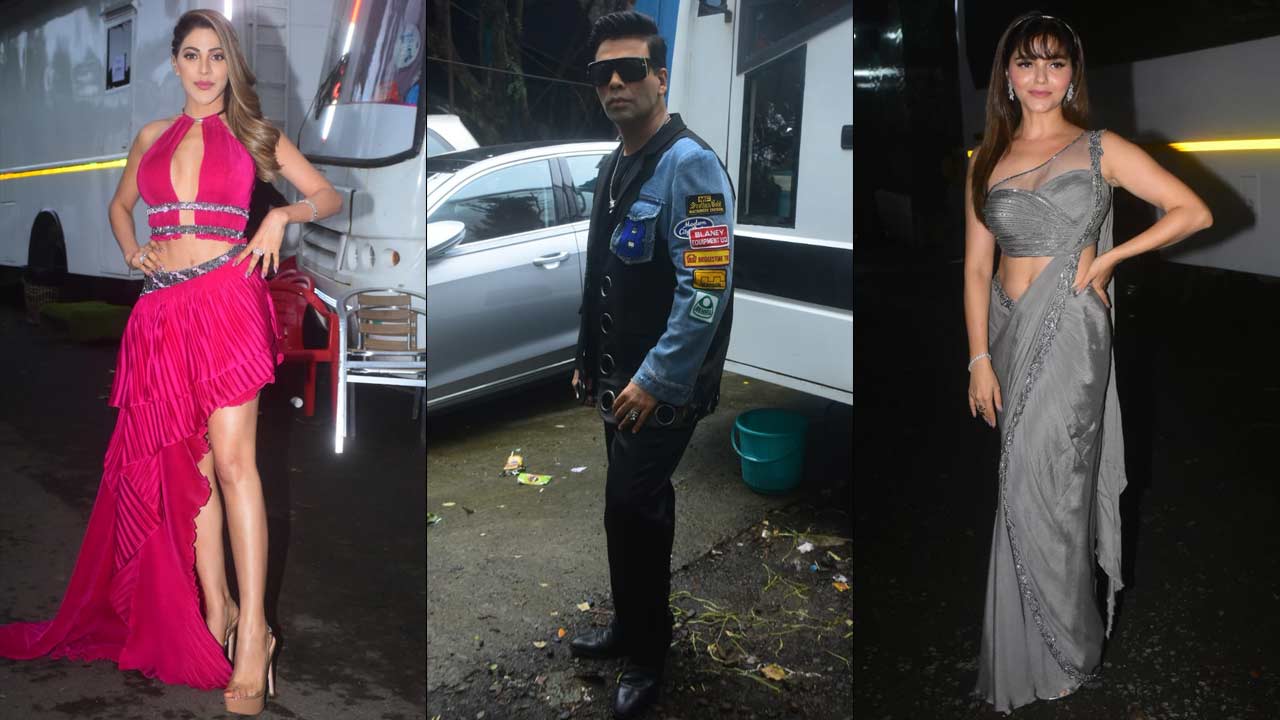 Nikki Tamboli, Karan Johar and Rubina Dilaik were snapped for the shoot of Bigg Boss OTT at the film city in Mumbai. Guest contestants Nikki Tamboli and Rubina Dailik set the stage on fire. While Rubina stunned in a saree, Nikki Tamboli's thigh-high slit dress looked breathtakingly beautiful.