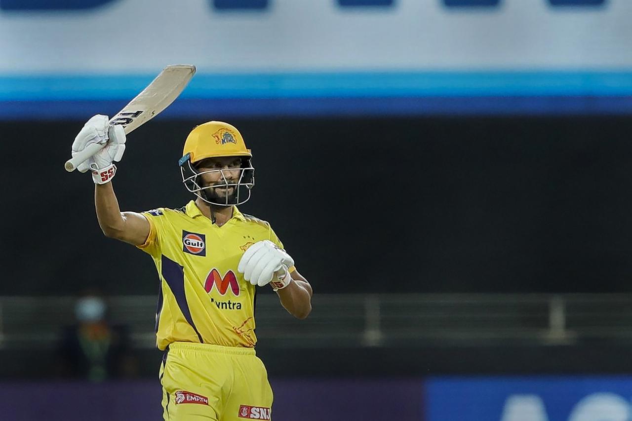 Ruturaj Gaikwad of Chennai Super Kings reacts after scoring a half century during the IPL match against Mumbai Indians as IPL 2021 resumed on September 19. He went on to score an unbeaten 88 off 58 balls. Pic/ PTI