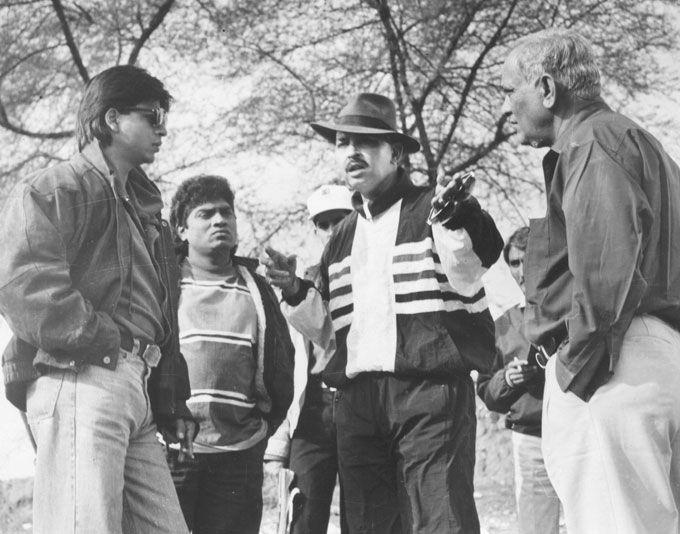 Rakesh Roshan ventured into filmmaking with Khudgarz in 1987. In picture: Roshan with Shah Rukh Khan and Johnny Lever on the sets of Karan Arjun.