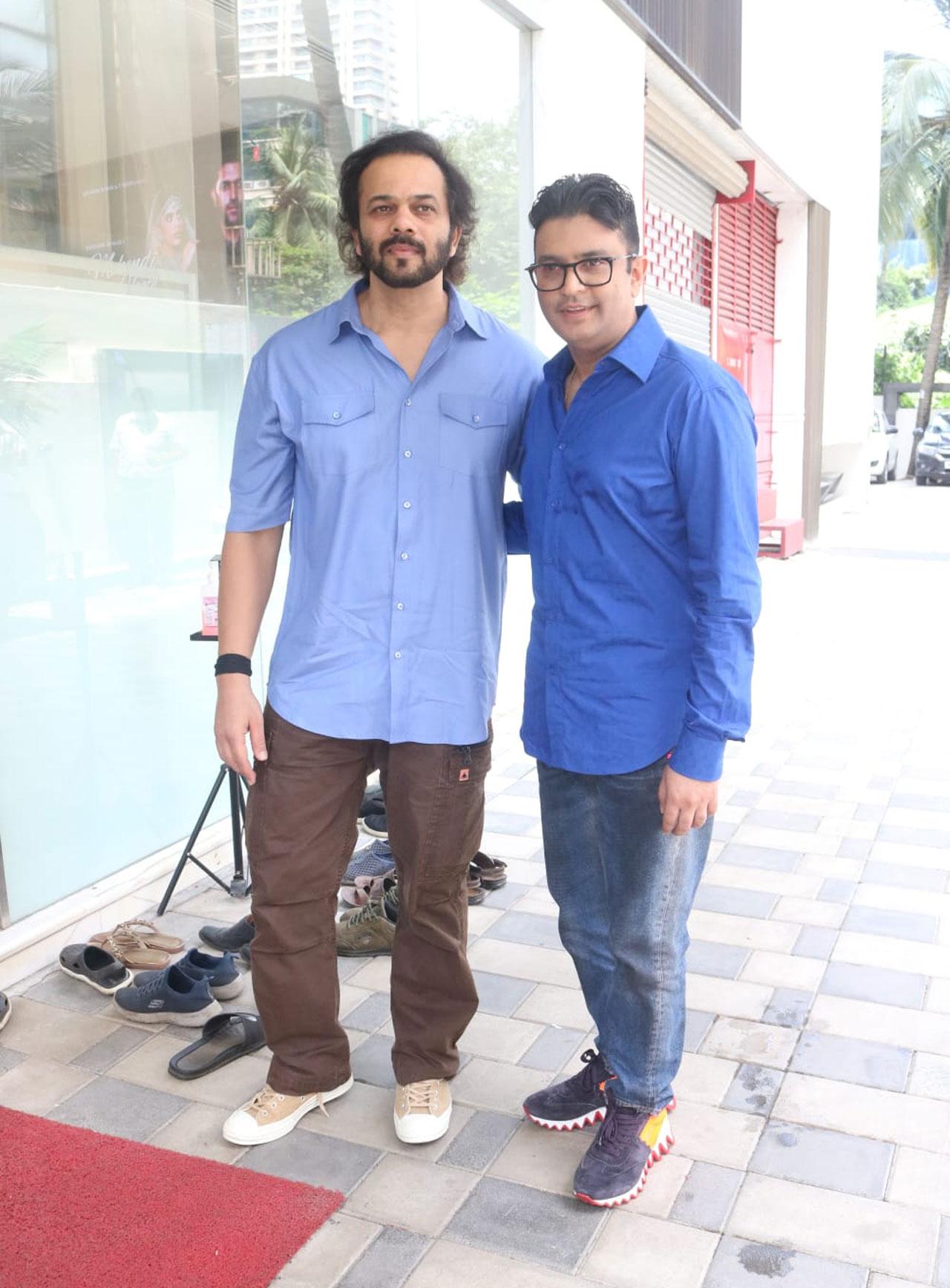 Rohit Shetty was clicked with T-Series head Bhushan Kumar by the paps before they proceeded inside for the Ganesh Darshan. Both men were seen wearing blue, one in a light shade and the other in a relatively darker. 