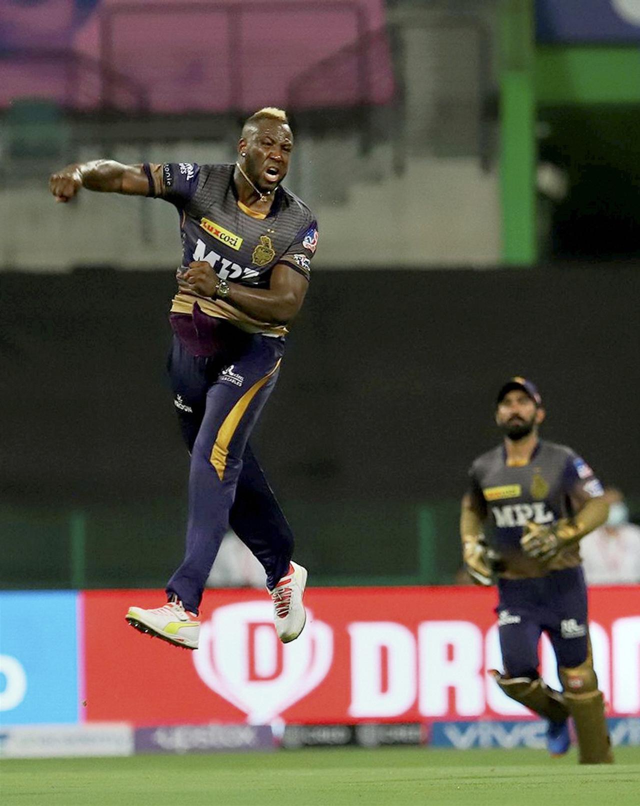 Andre Russell of Kolkata Knight Riders celebrates the wicket of AB de Villiers of Royal Challengers Bangalore during match 31 of the Vivo Indian Premier League between the Kolkata Knight Riders and the Royal Challengers Bangalore. Pic/ PTI