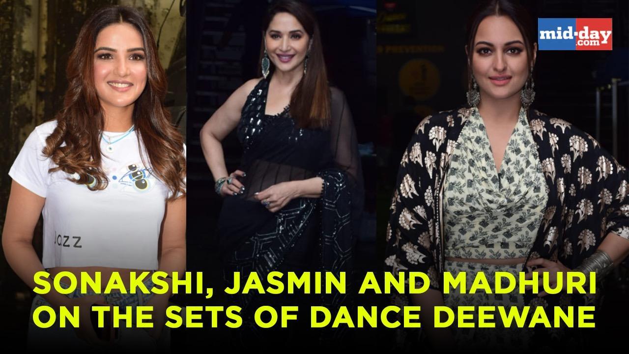 Sonakshi Sinha, Jasmin Bhasin and Madhuri Dixit on the sets of Dance Deewane