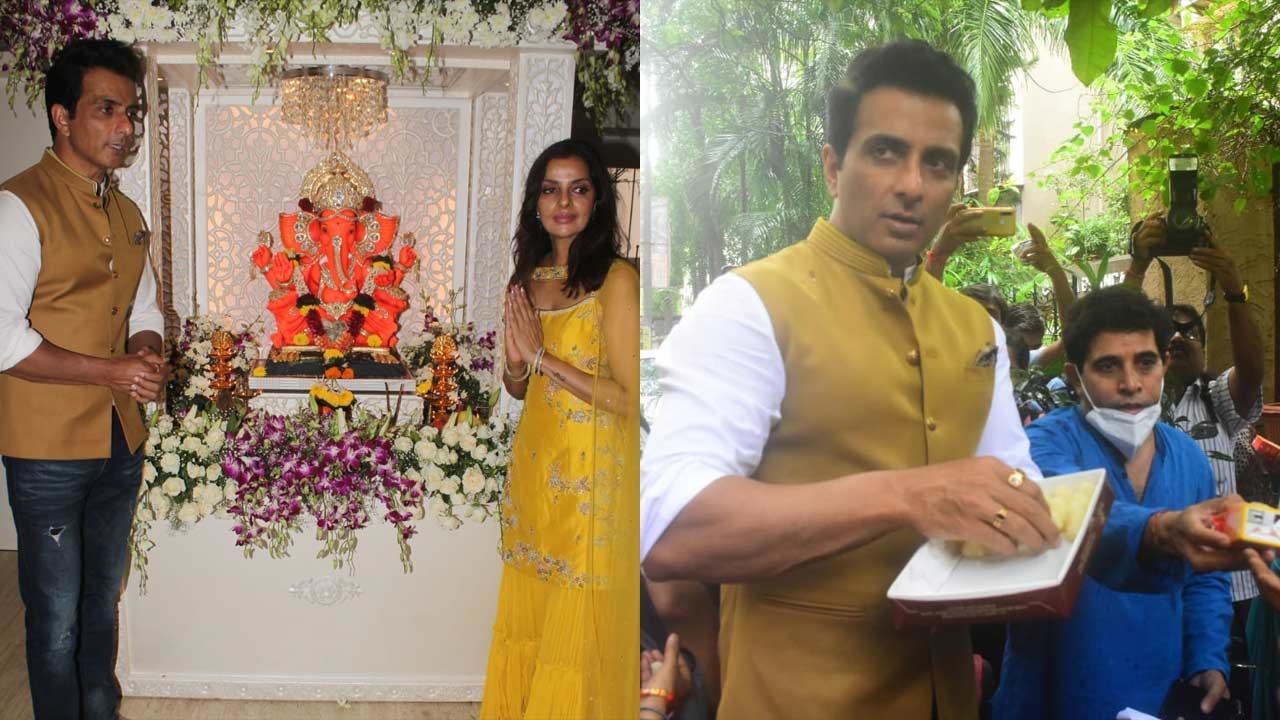 Sonu Sood and his wife were snapped near their residence distributing sweets after Ganesh pooja at their Andheri home.
