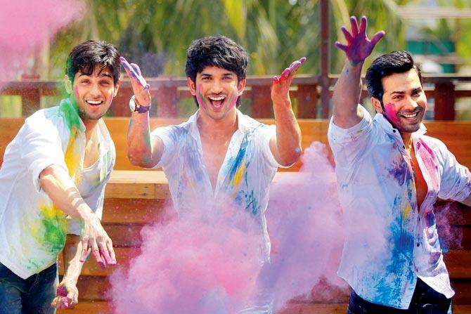 In a Holi shoot from 2013, emerging stars, Sushant Singh Rajput, Siddharth Malhotra and Varun Dhawan, goof around.  PIC/GETTY IMAGES 