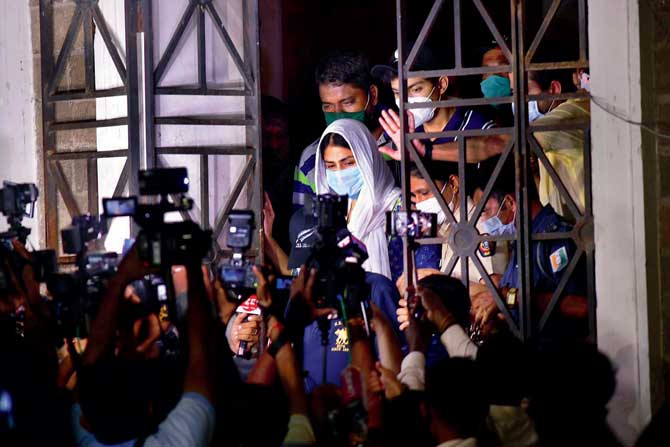 Actor Rhea Chakrobarty and her brother, Showik, emerge from the ED office at Fort, where they had been summoned for questioning on August 7. They have been interrogated multiple times by the ED and now, the CBI. PIC/PRADEEP DHIVAR