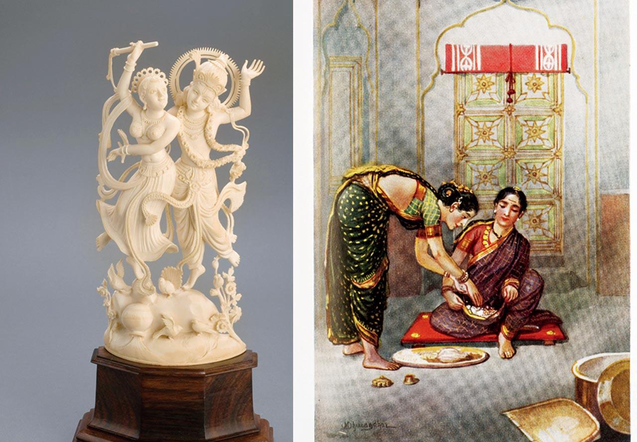 A Radha Krishna ivory carving; (right) An illustration from Deccan Nursery Tales by MV Dhurandhar