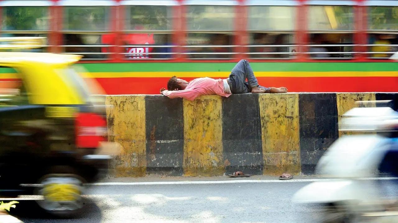 Between Peace and Chaos: A man sleeps on the divider between the road at Mahim on Saturday. Pic/Shadab Khan