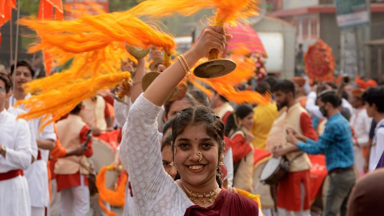 Lezim dancers performing at the street procession in Mumbai. Pic/Satej Shinde
