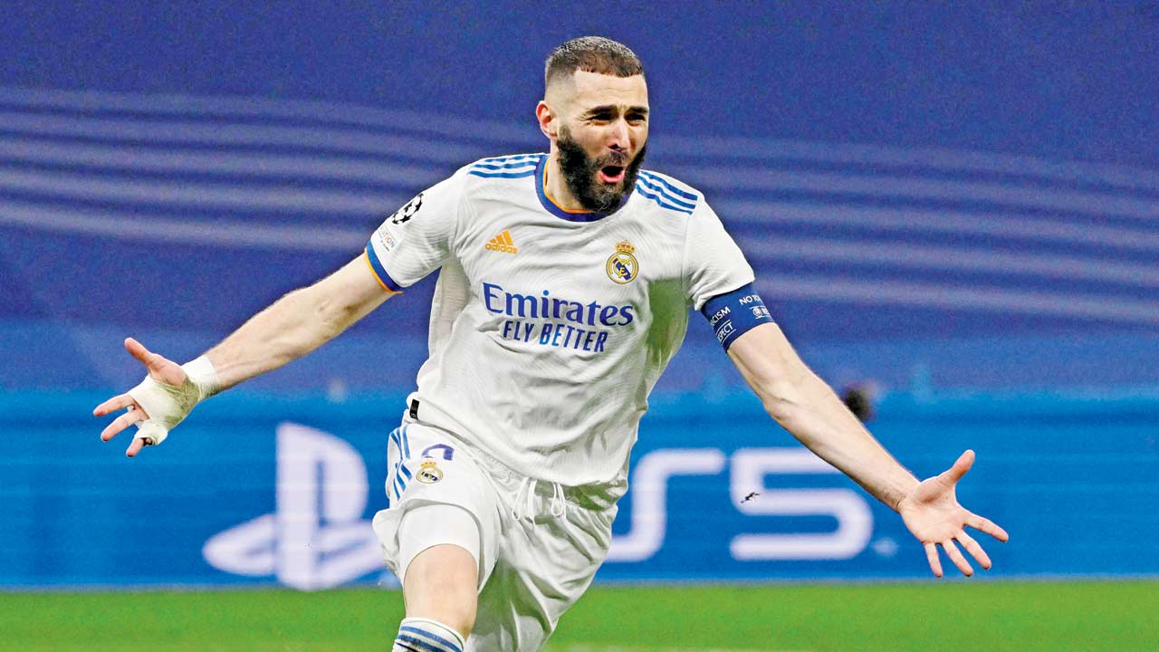 Real Madrid’s Karim Benzema after scoring against Chelsea in Madrid