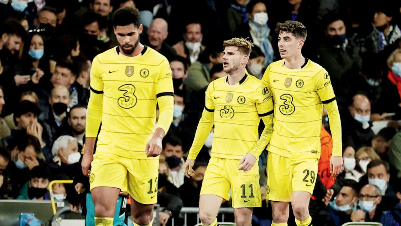 Chelsea’s Ruben Loftus-Cheek (left), Timo Werner and Kai Havertz react during their match v Real.  Pic/Getty Images