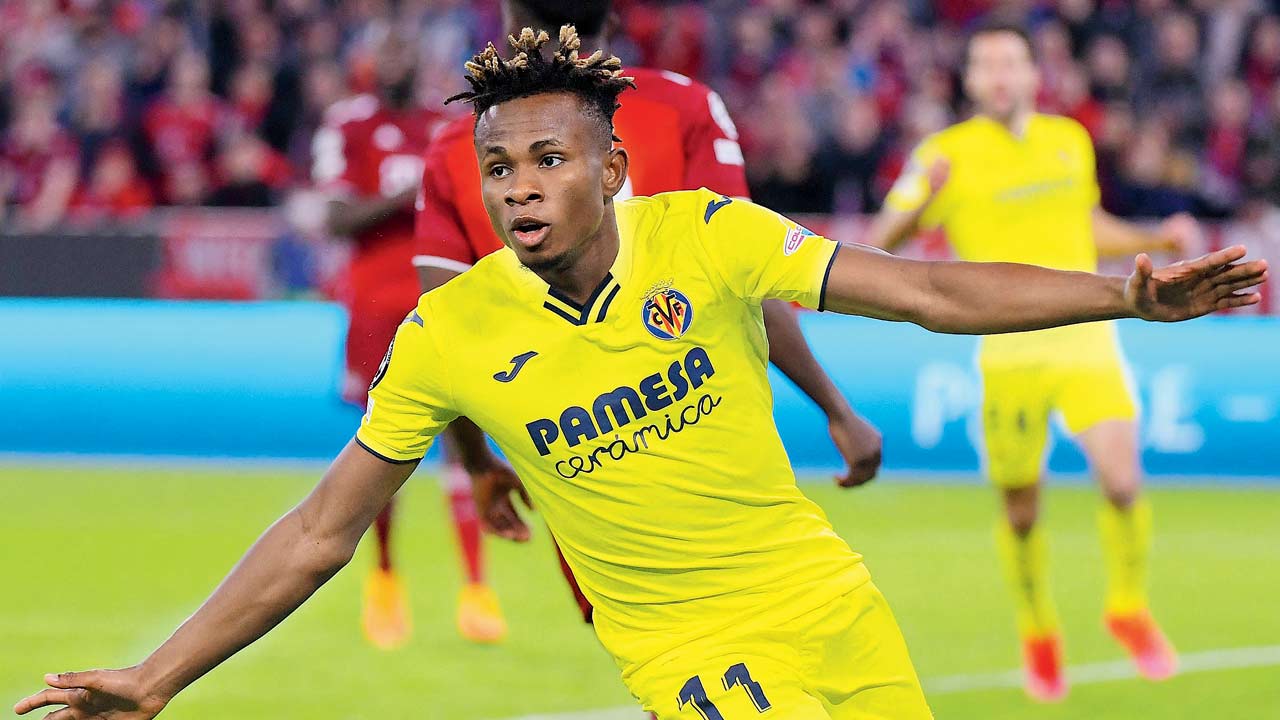 Villarreal’s Samuel Chukwueze celebrates scoring the equaliser against Bayern Munich