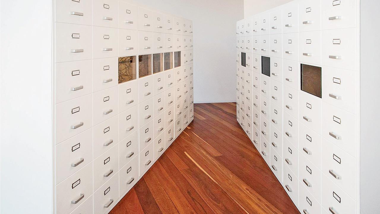 The installation view of twin cabinets facing each other