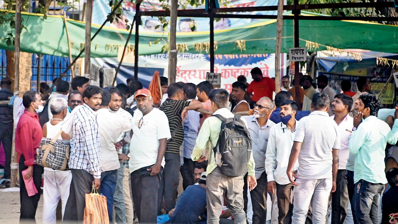 Striking MSRTC employees outside Azad Maidan on Friday. Pics/Bipin Kokate