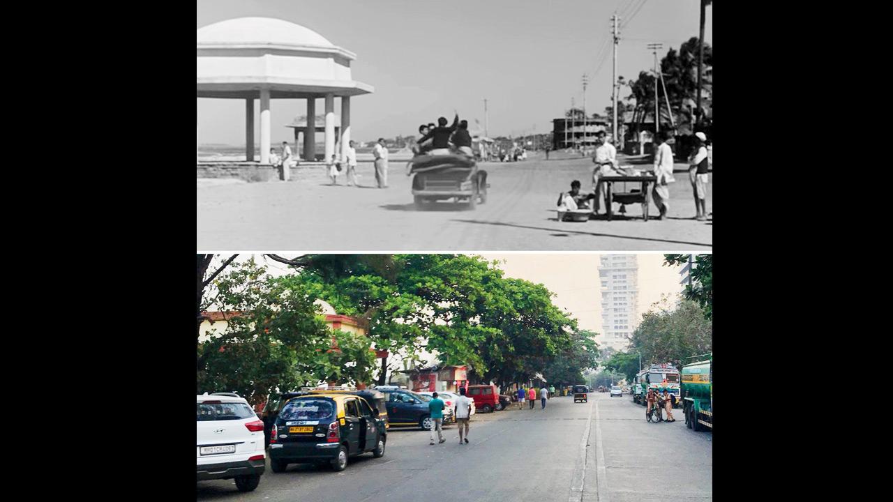 A still from Dev Anand’s Taxi Driver featuring Bandra Bandstand V/S now. Pic/Ultra Movie Parlour