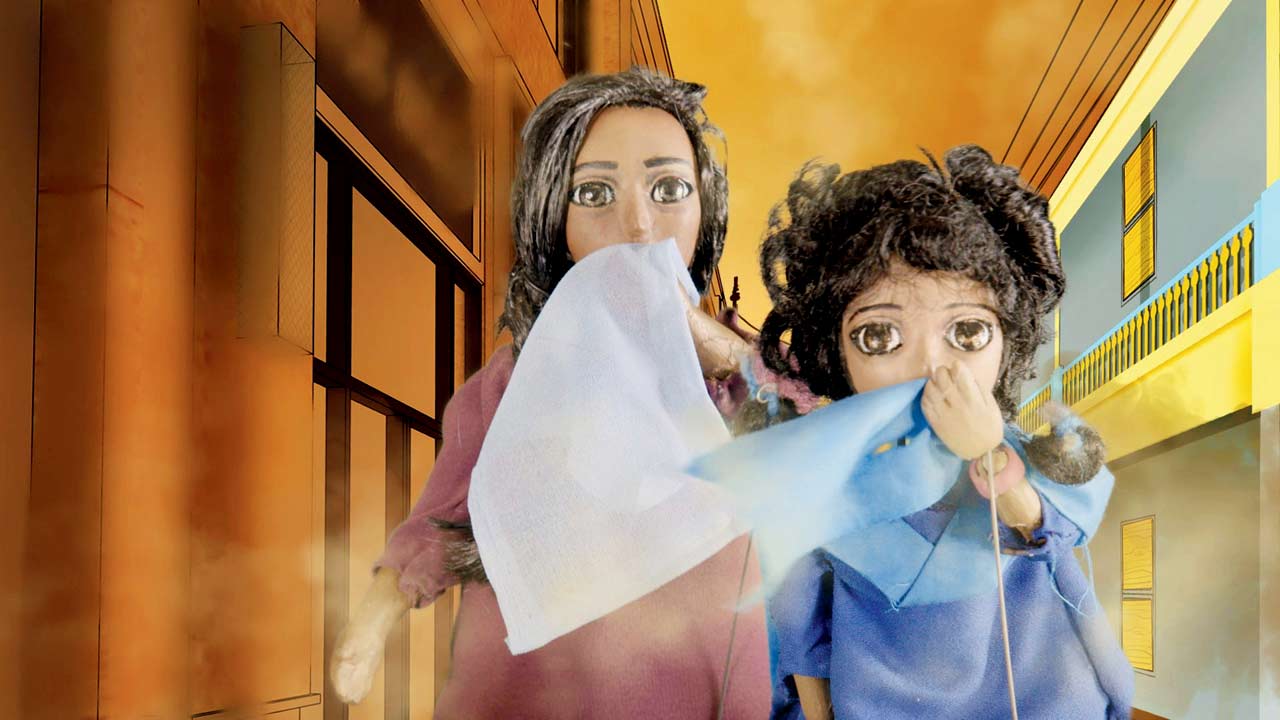 Somya and her mother struggle in Delhi’s smog in a still from the animation puppet film