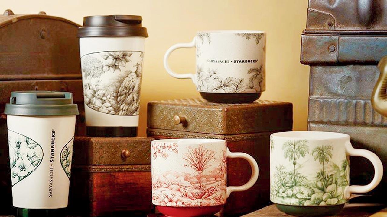 Coffee mugs and holders from the Sabyasachi + Starbucks range