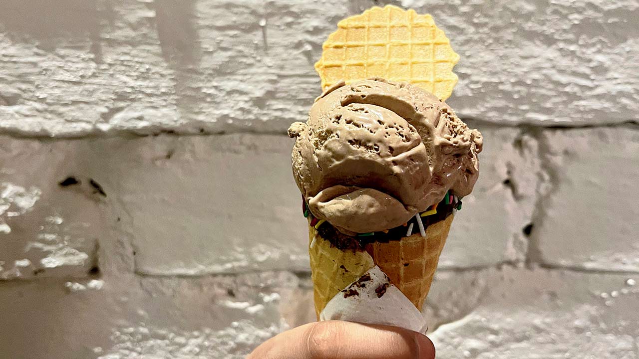 Salted Nutella ice cream in a waffle cone
