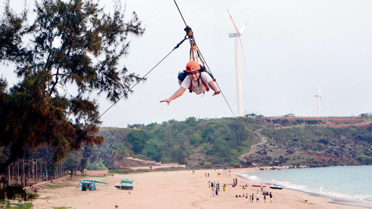 The writer zip lines at Devgad beach at a height of 280 metres above sea level. Pics/Satej Shinde