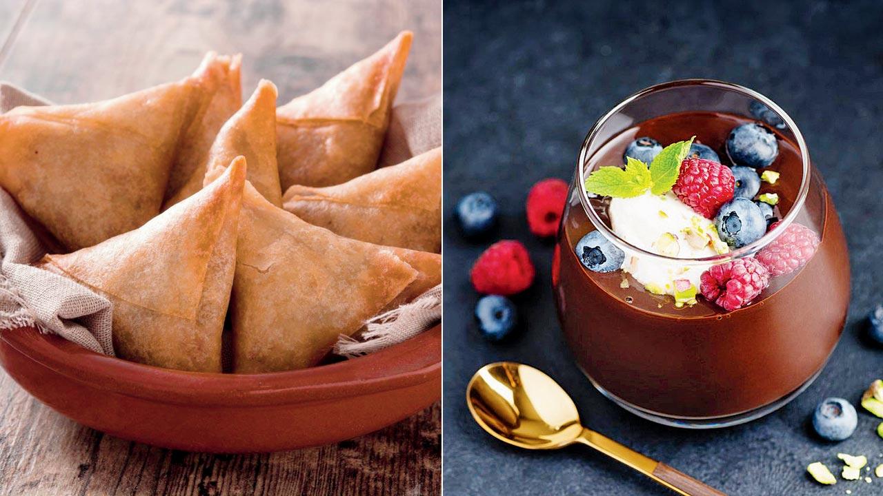 Asma Noorani remembers gorging on (left) chicken samosas, cutlets and sweet dishes like chocolate mousse