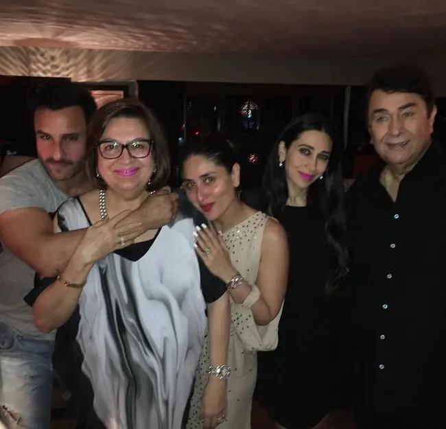 Babita and Randhir Kapoor tied the knot on November 6, 1971. They have two daughters, Karisma Kapoor and Kareena Kapoor Khan, who turned out to be successful actresses in their own right. Pictured: Babita with son-in-law Saif Ali Khan, Kareena Kapoor Khan, Karisma Kapoor and Randhir Kapoor.