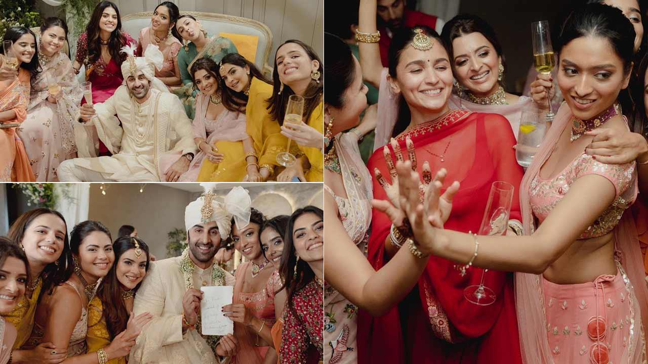 A collage of Ranbir Kapoor and Alia Bhatt with her bridesmaids